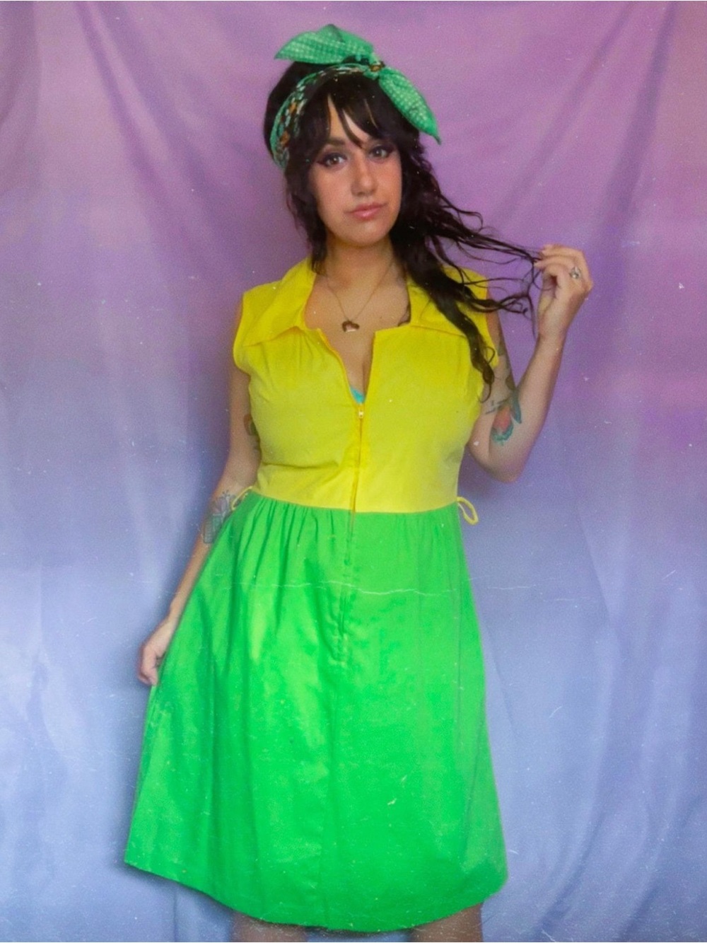 Vintage Yellow and Green Colorblock Mini Dress